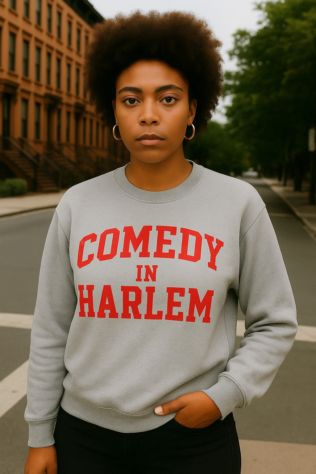 Grey Comedy In Harlem Crewneck (Red Letters)