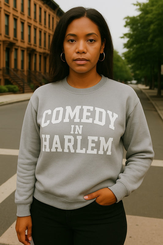 Grey Comedy In Harlem Crewneck (White Letters)